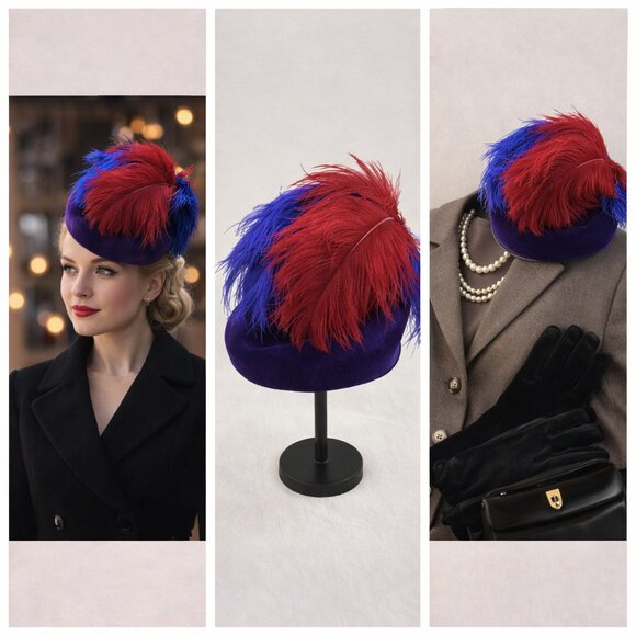 Vintage Miss Briemer Feather Fascinator Hat  Purple Velvet & Red/Cobalt Plumes